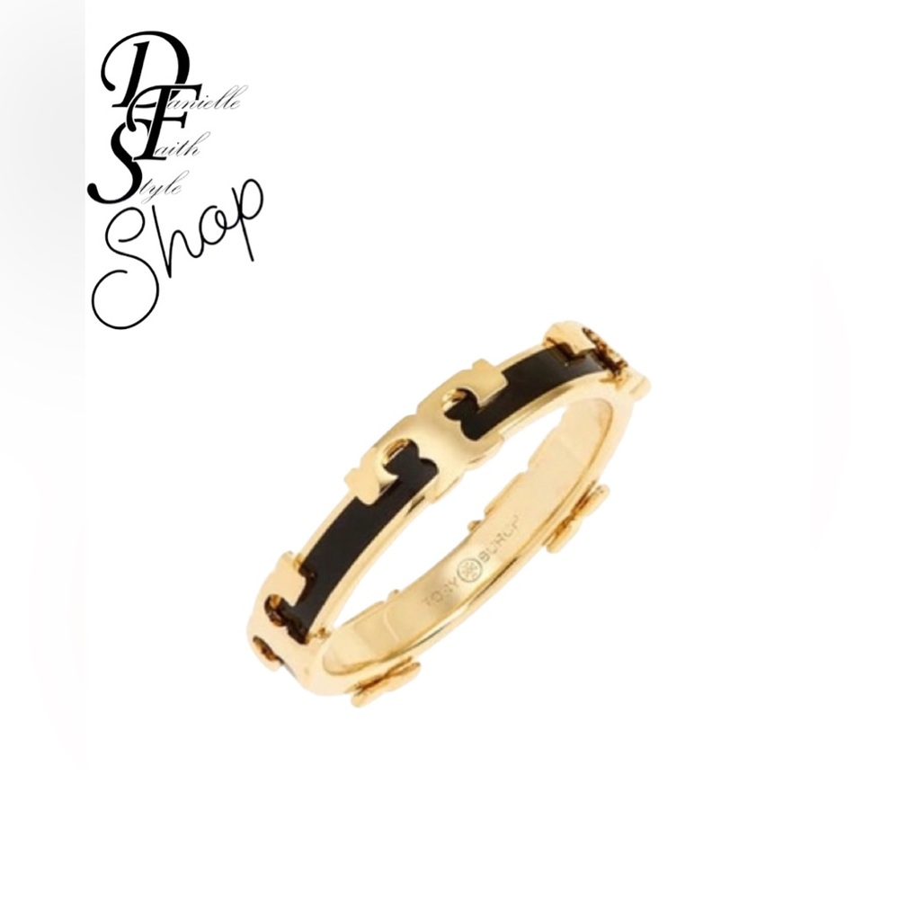 Tory Burch Serif-T Enameled Stackable Ring Gold/ Black with dustbag & giftbox